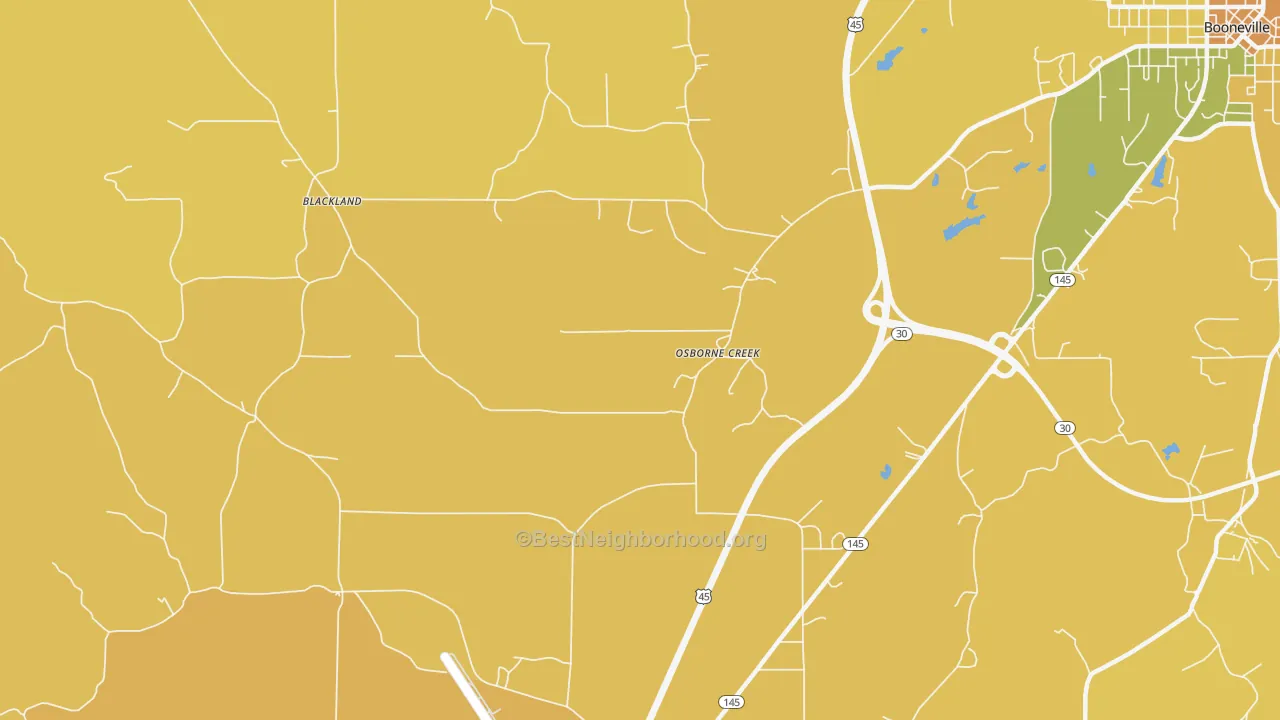 Map of the best neighborhoods in the Osborne Creek area, with better matches in green and worse matches in red
