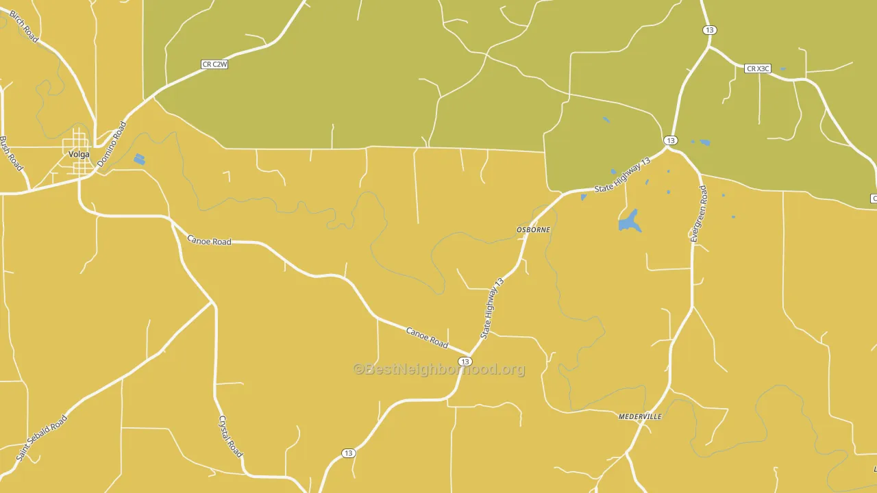 Map of the best neighborhoods in the Osborne area, with better matches in green and worse matches in red