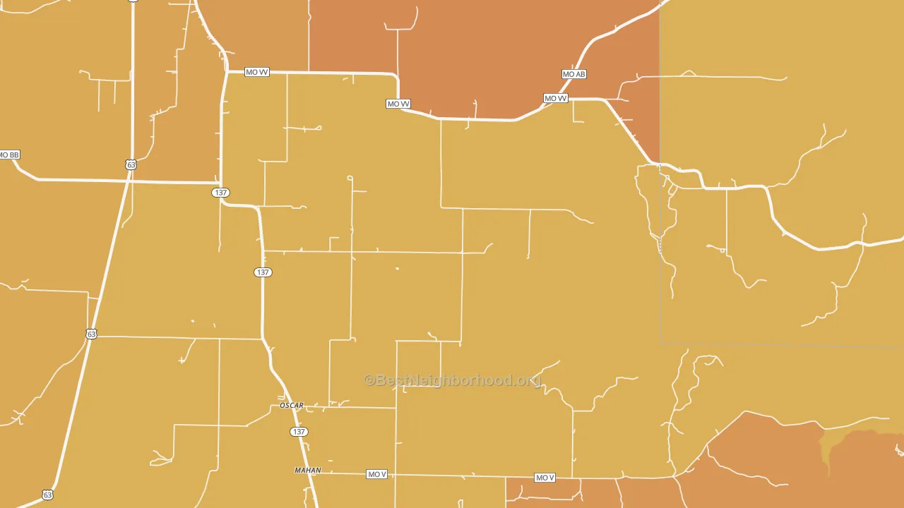 Map of the best neighborhoods in the Oscar area, with better matches in green and worse matches in red