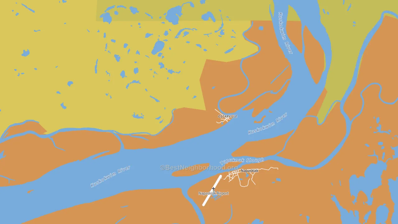 Map of the best neighborhoods in the Oscarville area, with better matches in green and worse matches in red