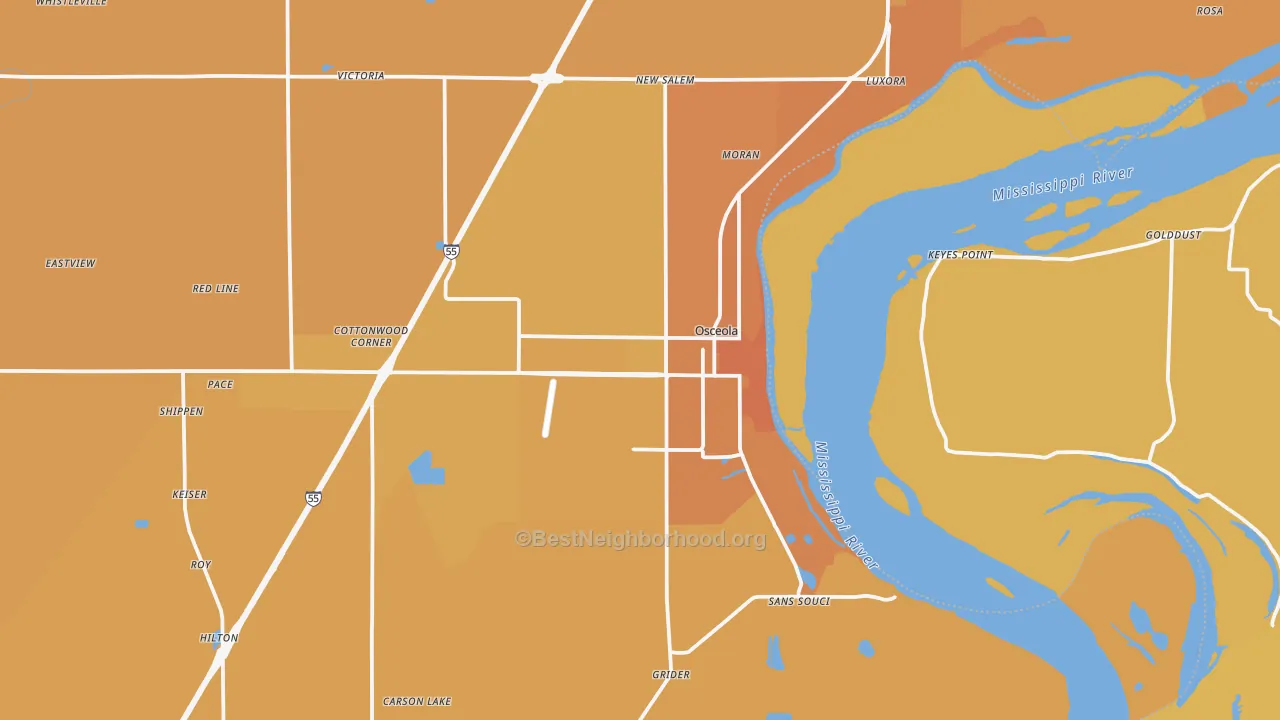 Map of the best neighborhoods in the Osceola area, with better matches in green and worse matches in red