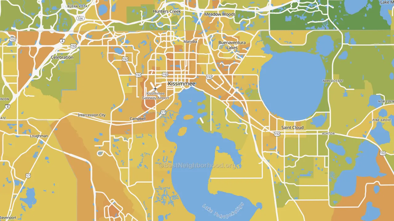 Map of the best neighborhoods in the Osceola County area, with better matches in green and worse matches in red