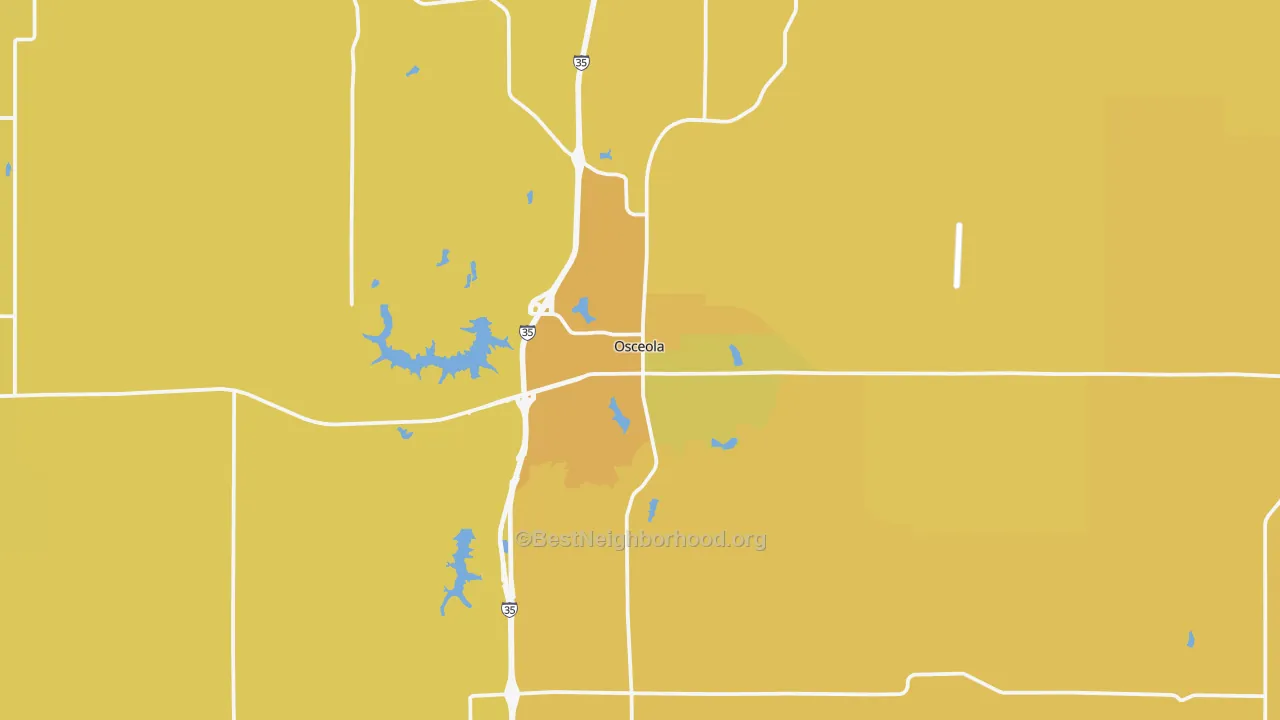 Map of the best neighborhoods in the Osceola area, with better matches in green and worse matches in red