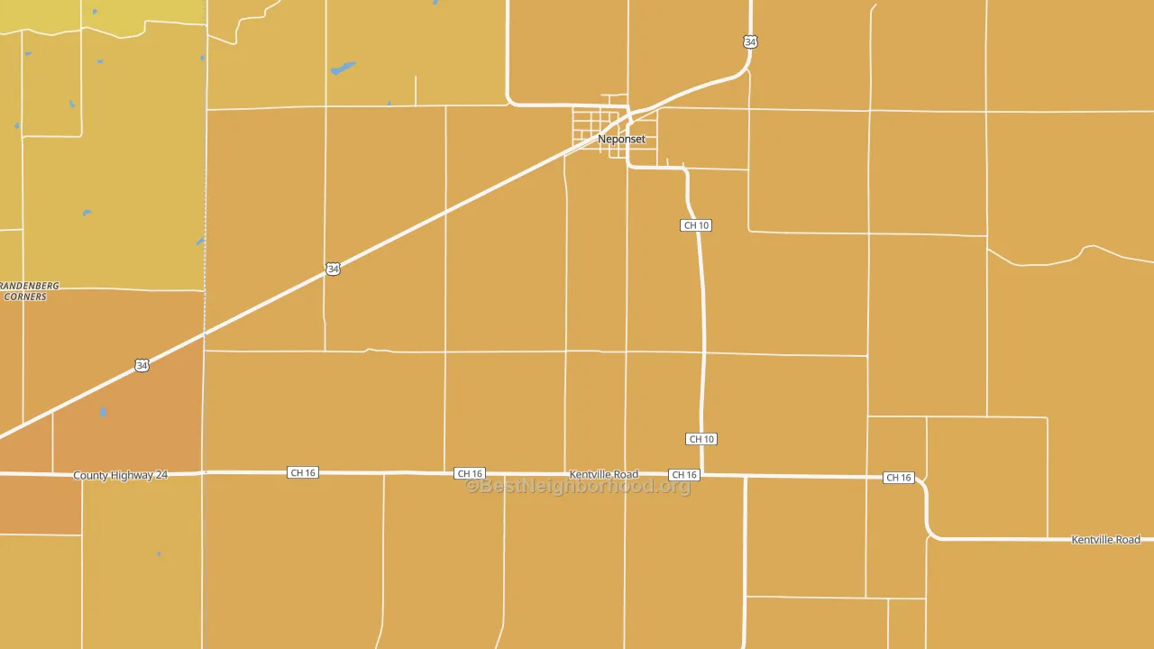 Map of the best neighborhoods in the Osceola area, with better matches in green and worse matches in red