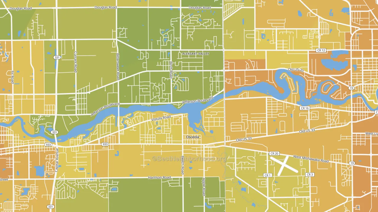 Map of the best neighborhoods in the Osceola area, with better matches in green and worse matches in red