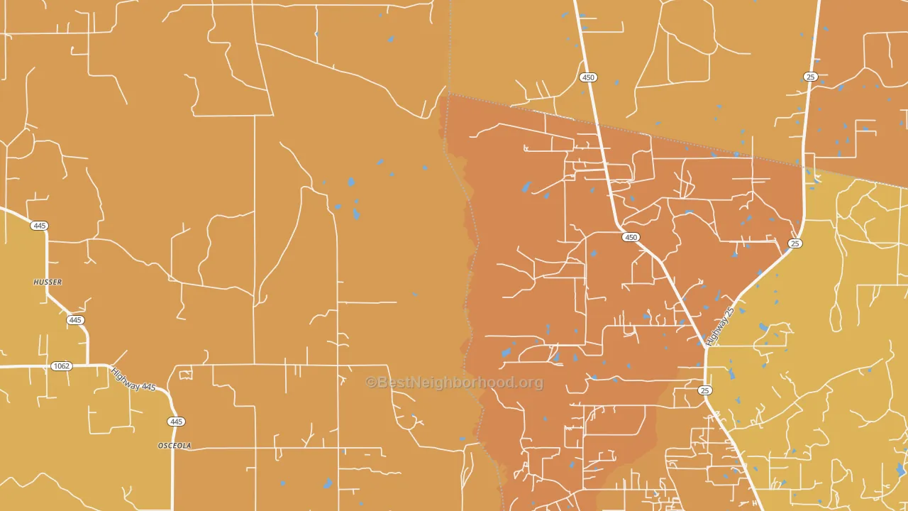 Map of the best neighborhoods in the Osceola area, with better matches in green and worse matches in red