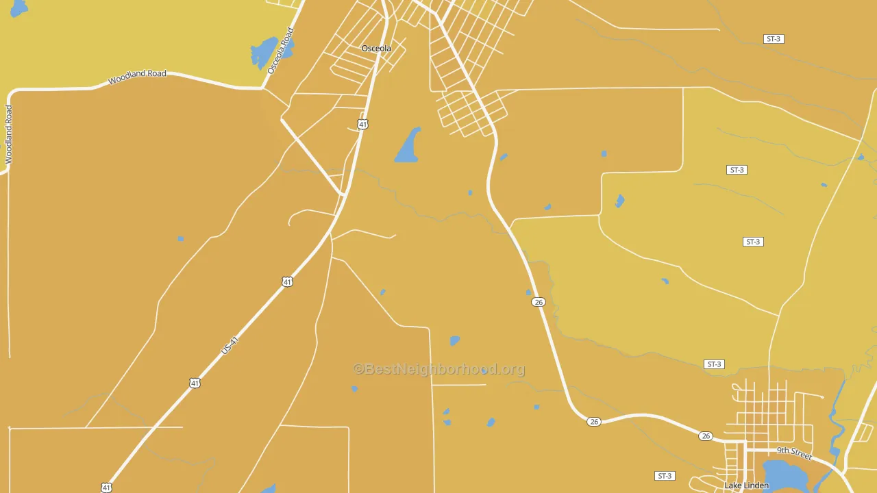 Map of the best neighborhoods in the Osceola area, with better matches in green and worse matches in red