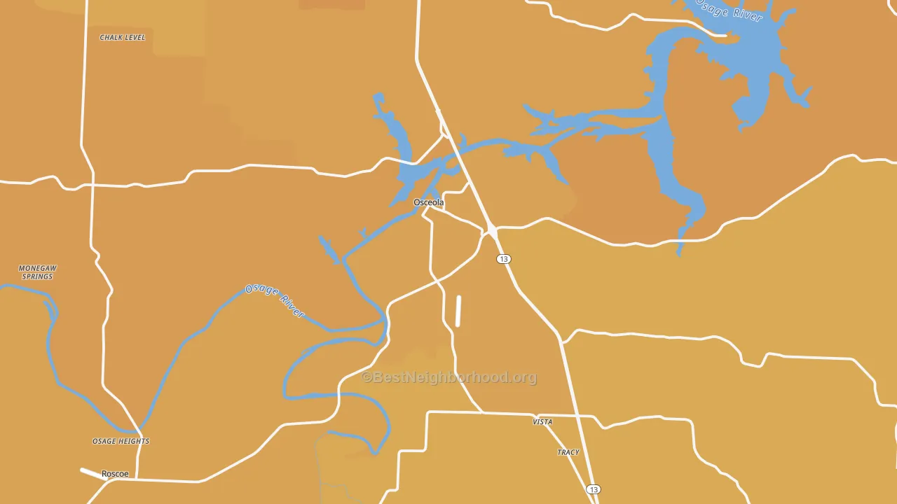 Map of the best neighborhoods in the Osceola area, with better matches in green and worse matches in red