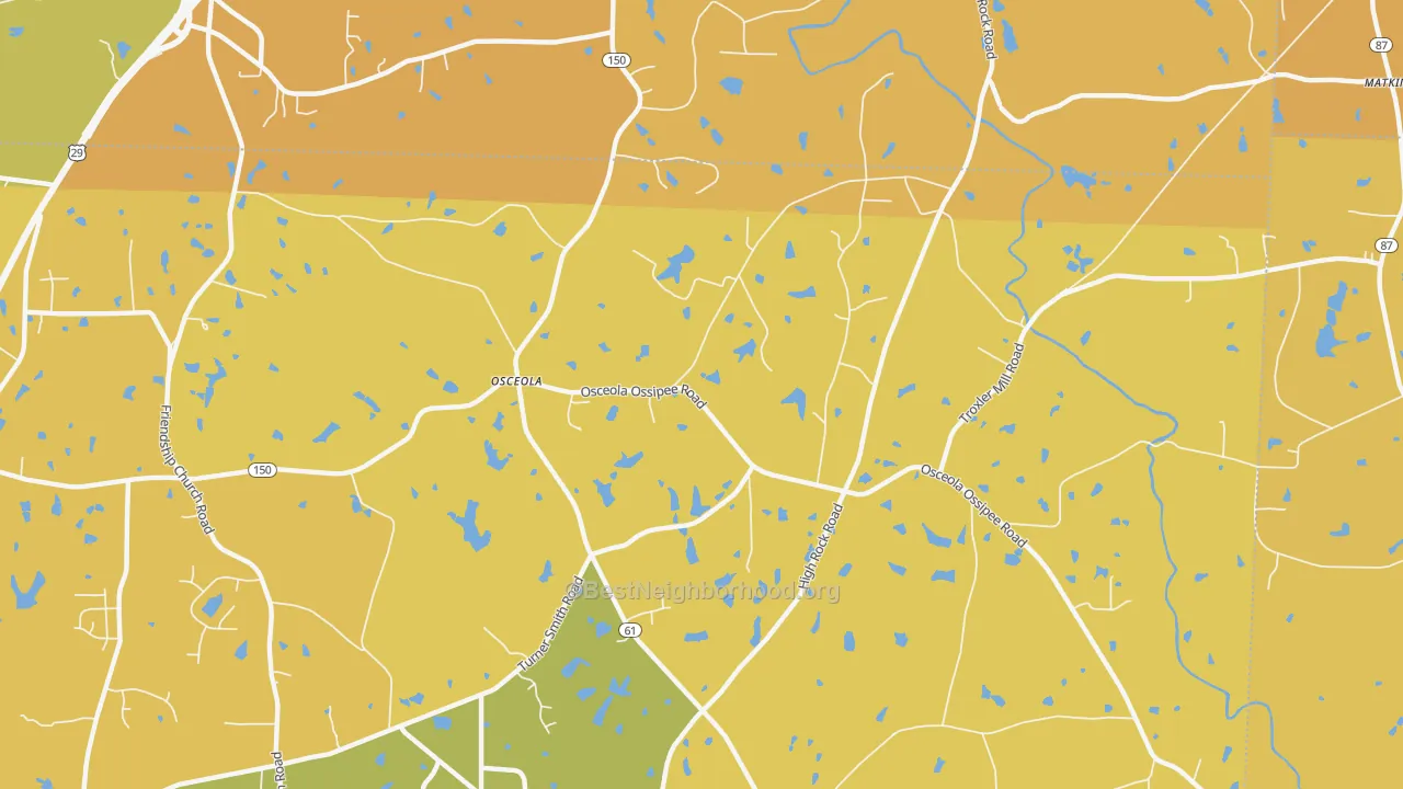Map of the best neighborhoods in the Osceola area, with better matches in green and worse matches in red