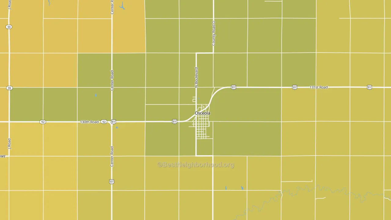 Map of the best neighborhoods in the Osceola area, with better matches in green and worse matches in red