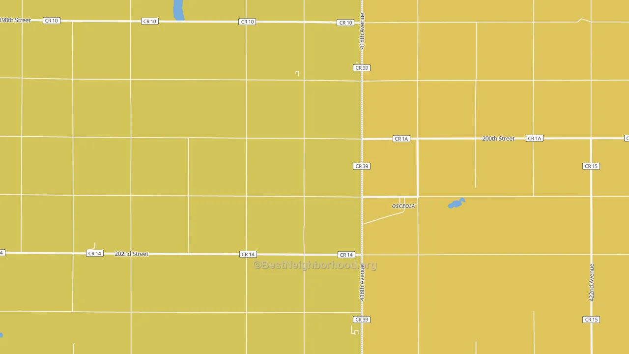 Map of the best neighborhoods in the Osceola area, with better matches in green and worse matches in red
