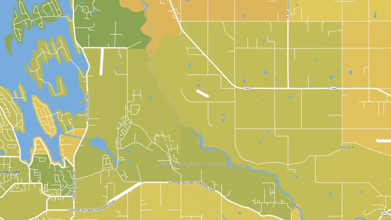 Map of the best neighborhoods in the Osceola area, with better matches in green and worse matches in red