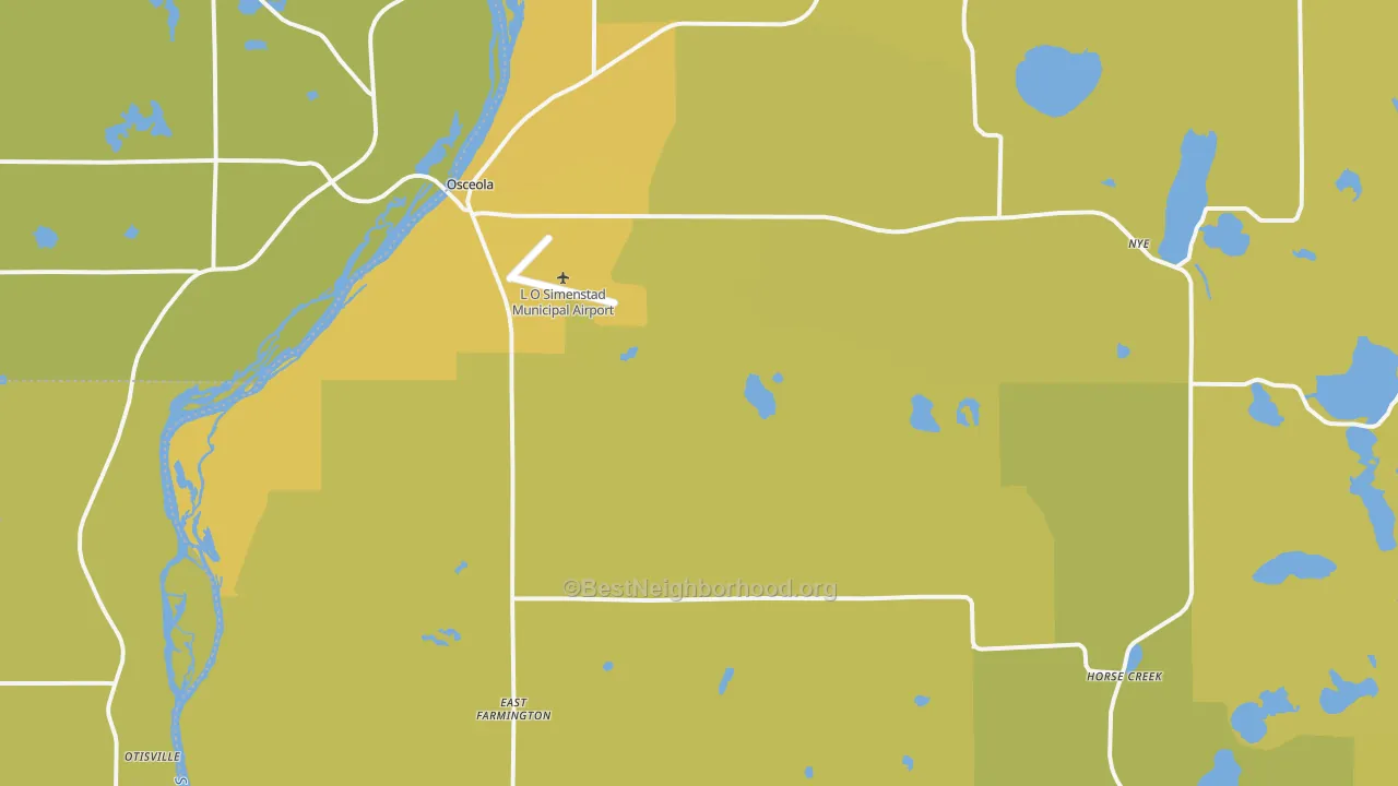 Map of the best neighborhoods in the Osceola area, with better matches in green and worse matches in red
