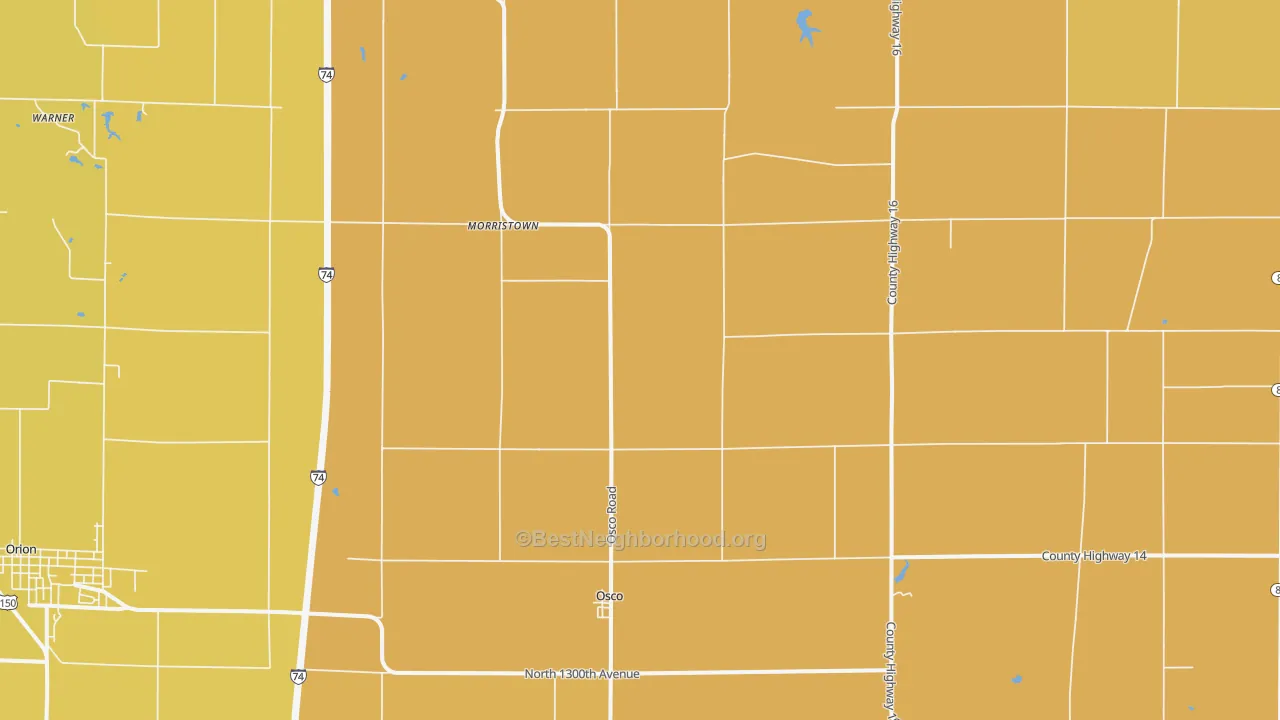 Map of the best neighborhoods in the Osco area, with better matches in green and worse matches in red