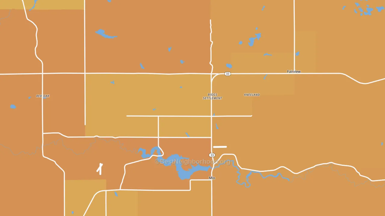 Map of the best neighborhoods in the Oscoda County area, with better matches in green and worse matches in red