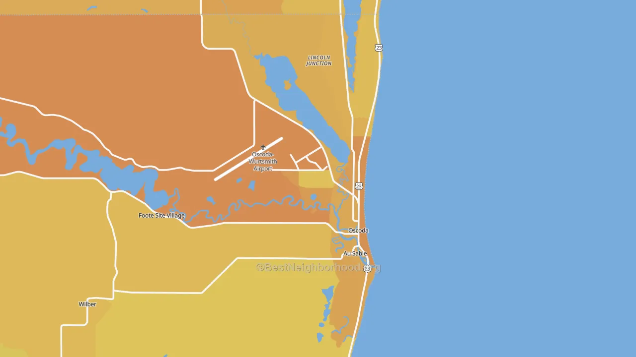 Map of the best neighborhoods in the Oscoda area, with better matches in green and worse matches in red