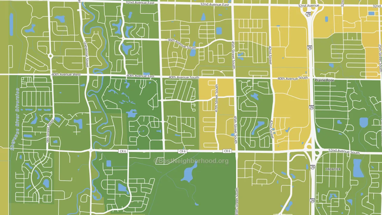 Map of the best neighborhoods in the Osgood, Fargo area, with better matches in green and worse matches in red