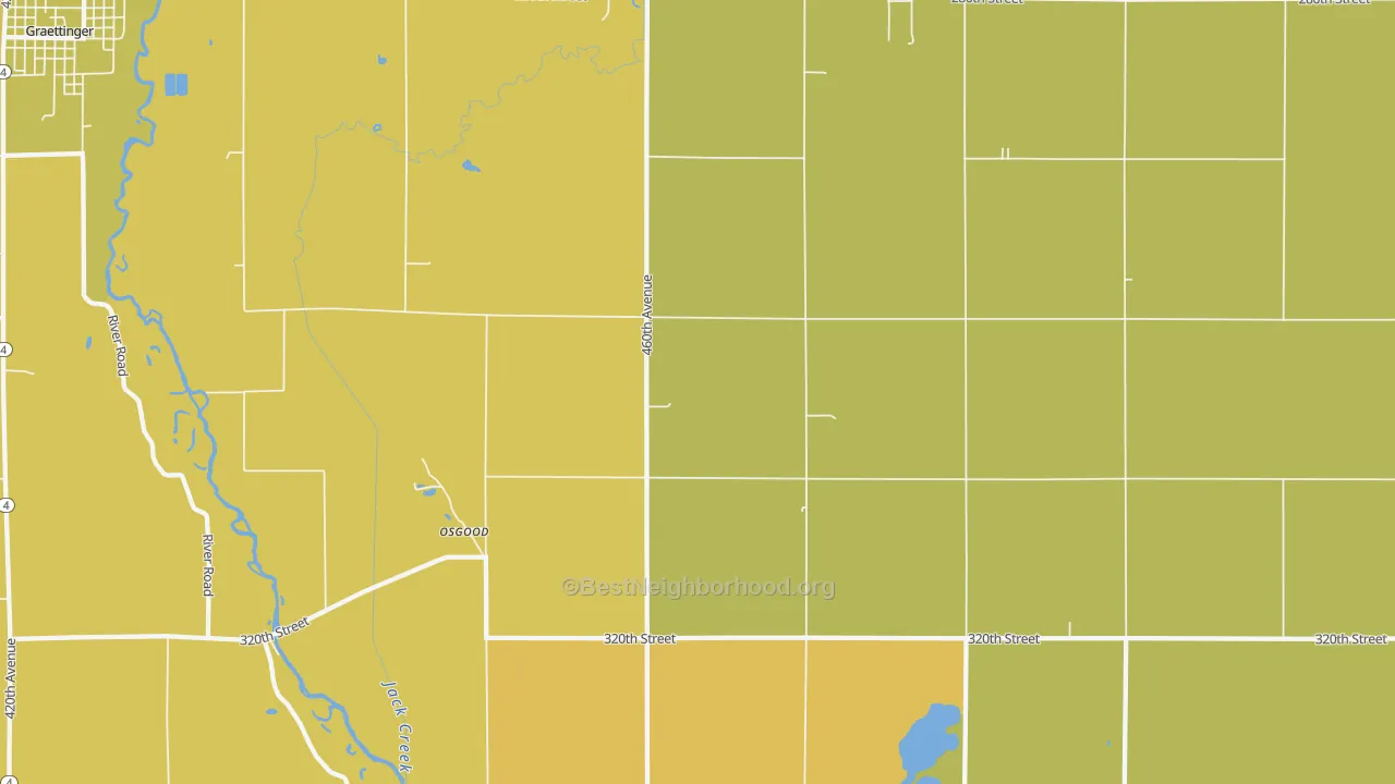 Map of the best neighborhoods in the Osgood area, with better matches in green and worse matches in red