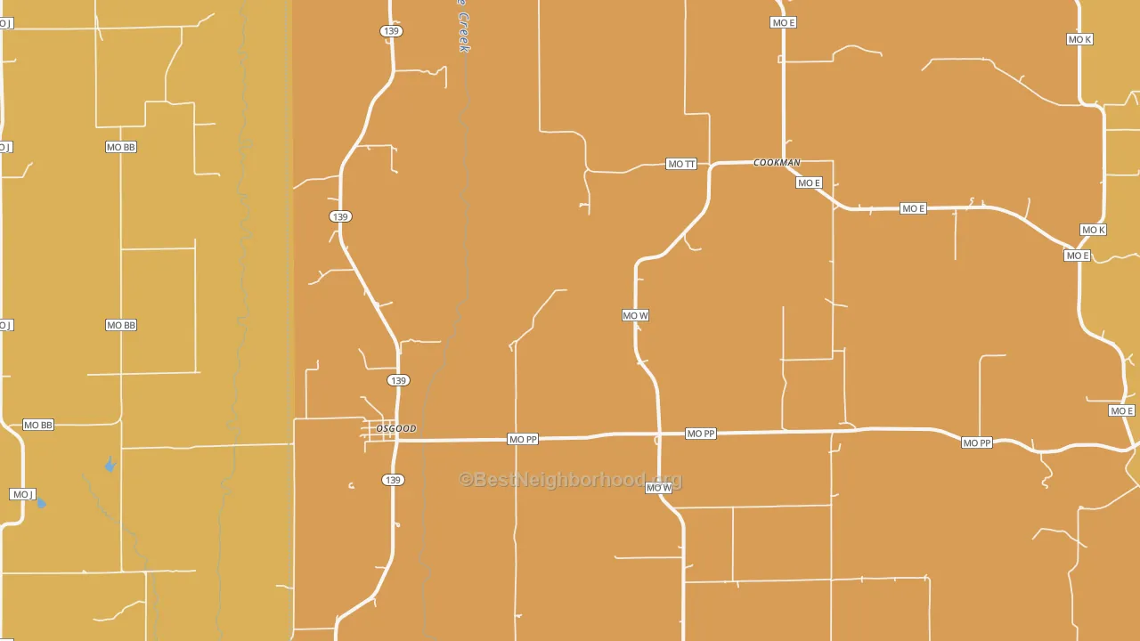 Map of the best neighborhoods in the Osgood area, with better matches in green and worse matches in red