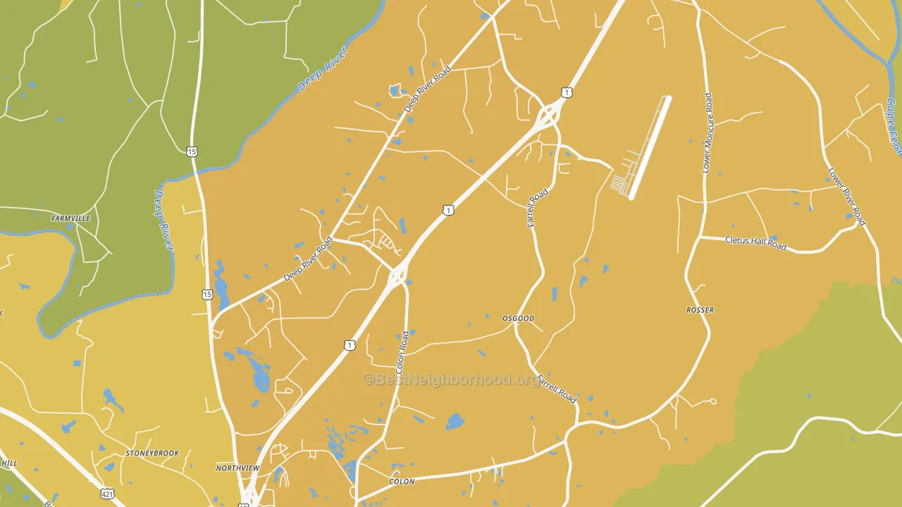 Map of the best neighborhoods in the Osgood area, with better matches in green and worse matches in red