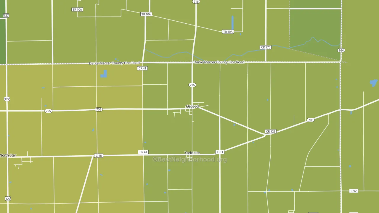 Map of the best neighborhoods in the Osgood area, with better matches in green and worse matches in red