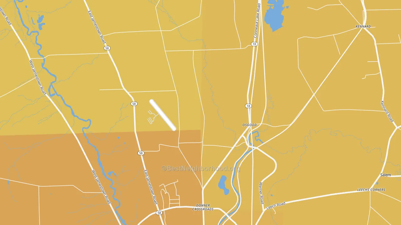 Map of the best neighborhoods in the Osgood area, with better matches in green and worse matches in red