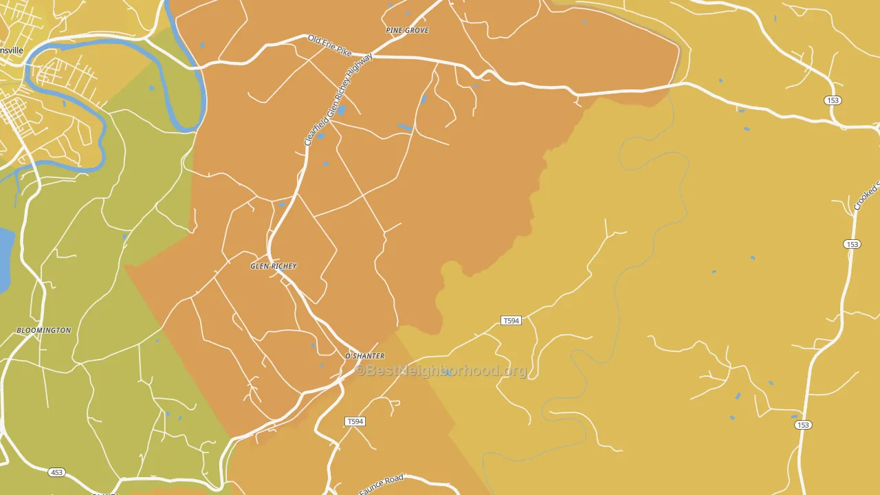 Map of the best neighborhoods in the Oshanter area, with better matches in green and worse matches in red