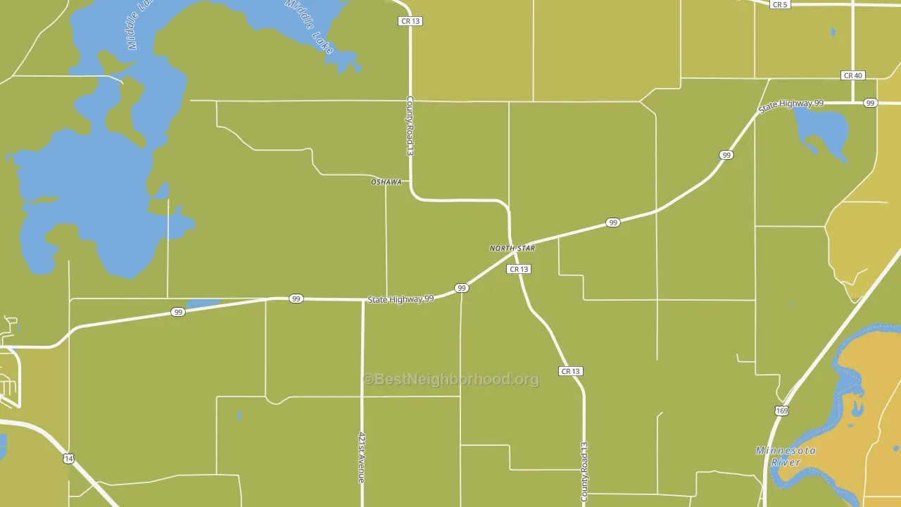 Map of the best neighborhoods in the Oshawa area, with better matches in green and worse matches in red