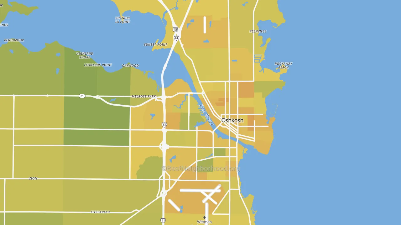 Map of the best neighborhoods in the Oshkosh Metro area, with better matches in green and worse matches in red