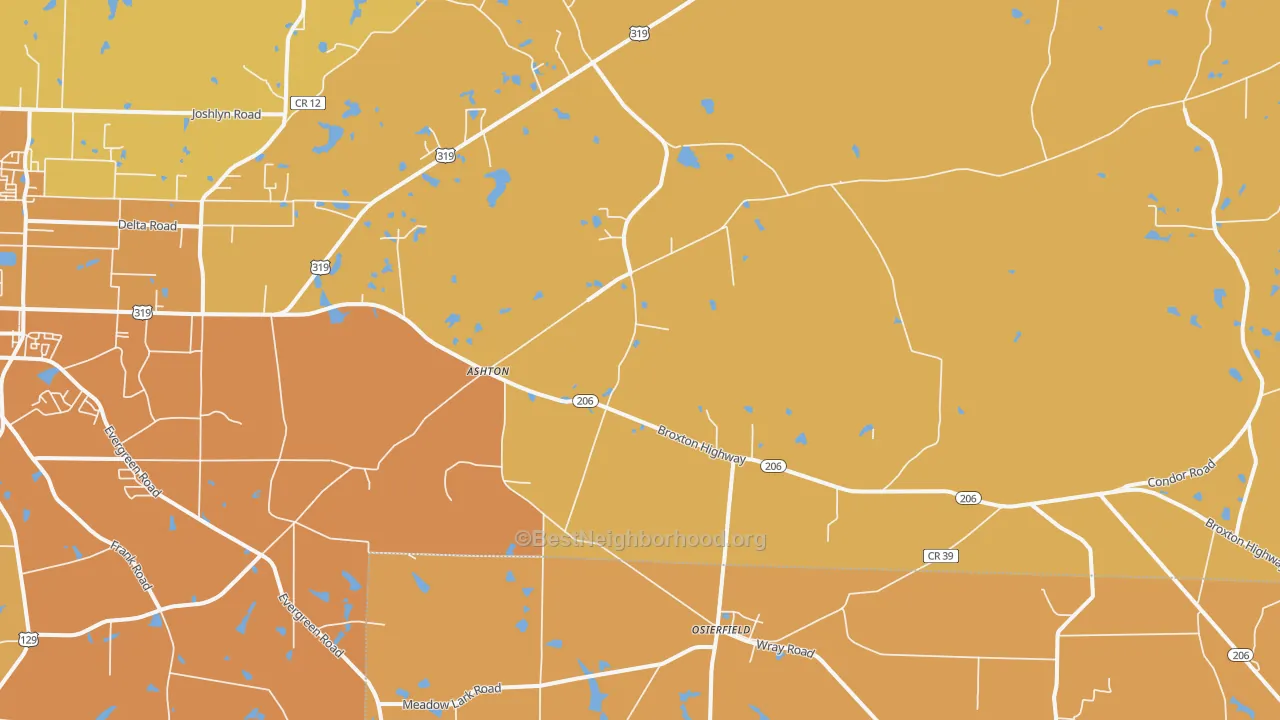 Map of the best neighborhoods in the Osierfield area, with better matches in green and worse matches in red
