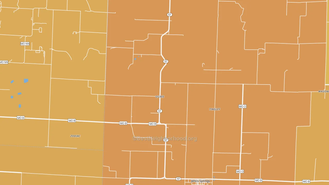 Map of the best neighborhoods in the Osiris area, with better matches in green and worse matches in red