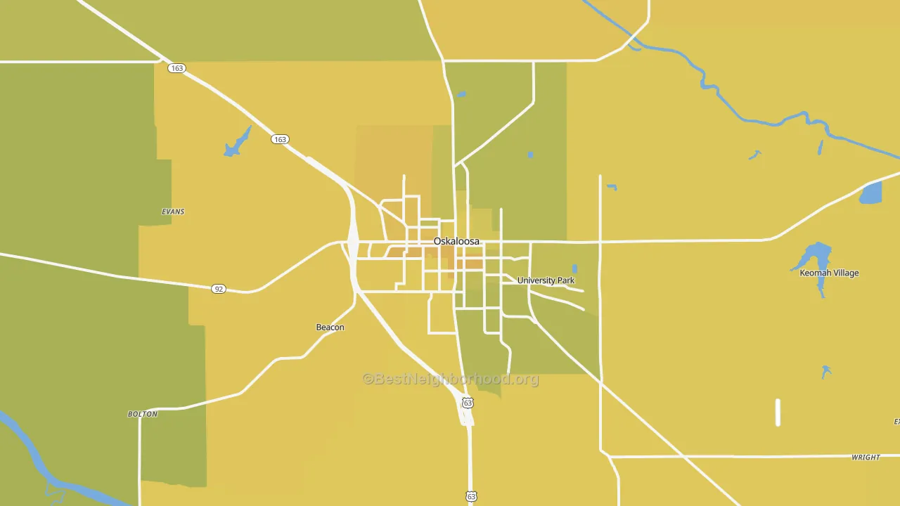 Map of the best neighborhoods in the Oskaloosa area, with better matches in green and worse matches in red
