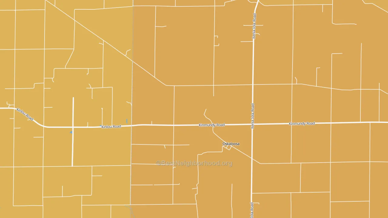 Map of the best neighborhoods in the Oskaloosa area, with better matches in green and worse matches in red
