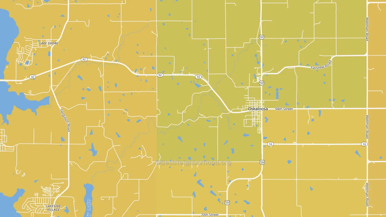 Map of the best neighborhoods in the Oskaloosa area, with better matches in green and worse matches in red