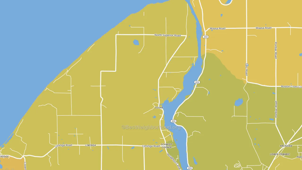 Map of the best neighborhoods in the Oskar area, with better matches in green and worse matches in red
