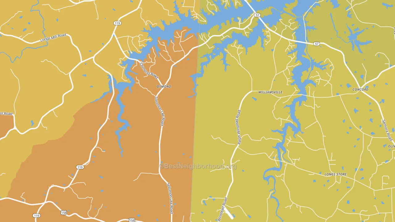 Map of the best neighborhoods in the Osmond area, with better matches in green and worse matches in red