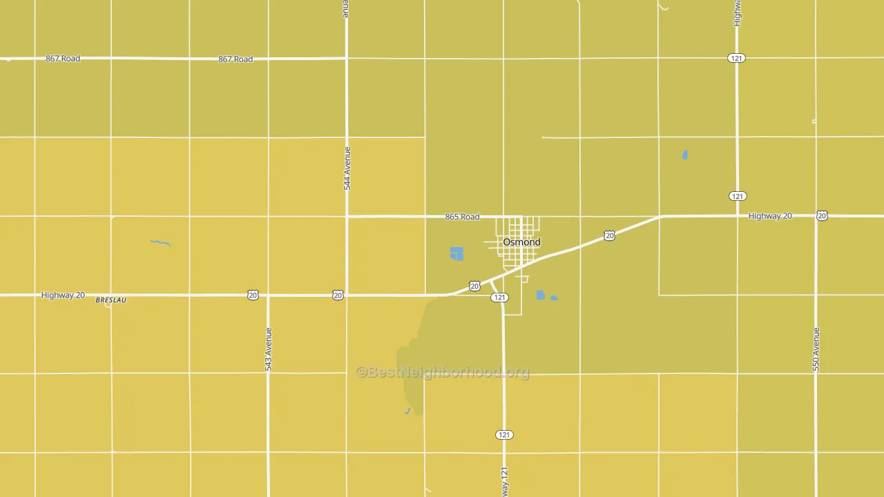 Map of the best neighborhoods in the Osmond area, with better matches in green and worse matches in red