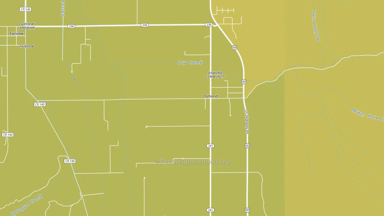 Map of the best neighborhoods in the Osmond area, with better matches in green and worse matches in red