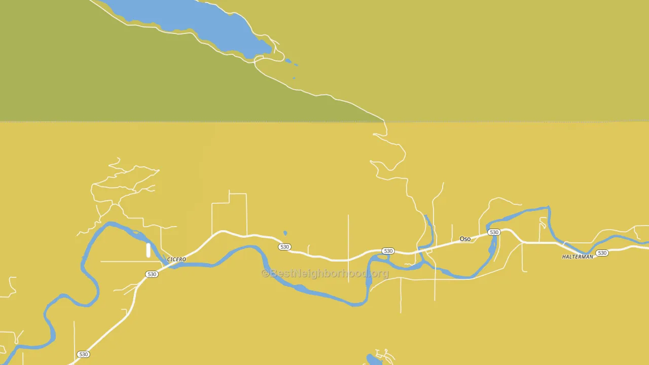 Map of the best neighborhoods in the Oso area, with better matches in green and worse matches in red