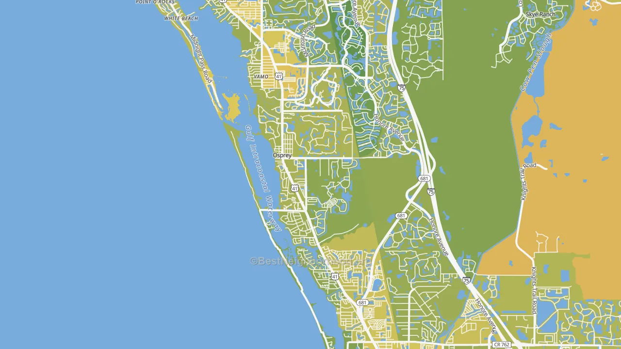Map of the best neighborhoods in the Osprey area, with better matches in green and worse matches in red