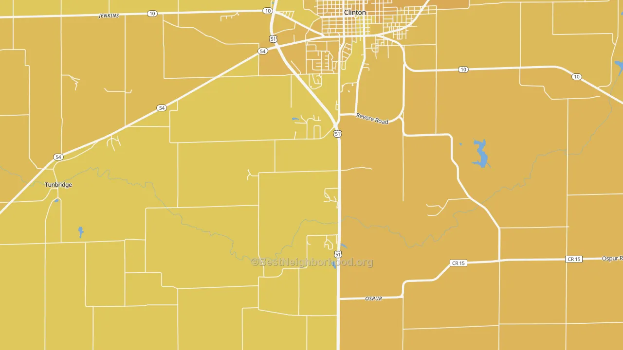 Map of the best neighborhoods in the Ospur area, with better matches in green and worse matches in red