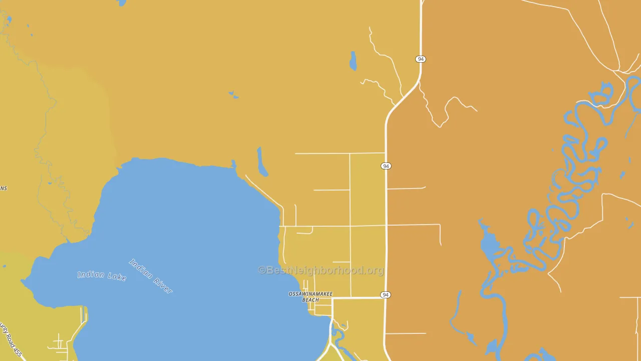 Map of the best neighborhoods in the Ossawinamakee Beach area, with better matches in green and worse matches in red