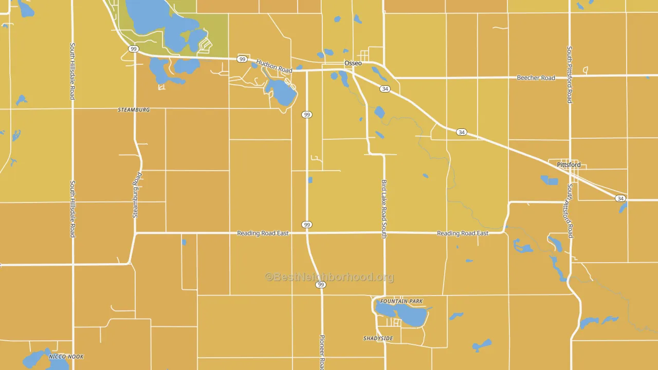 Map of the best neighborhoods in the Osseo area, with better matches in green and worse matches in red