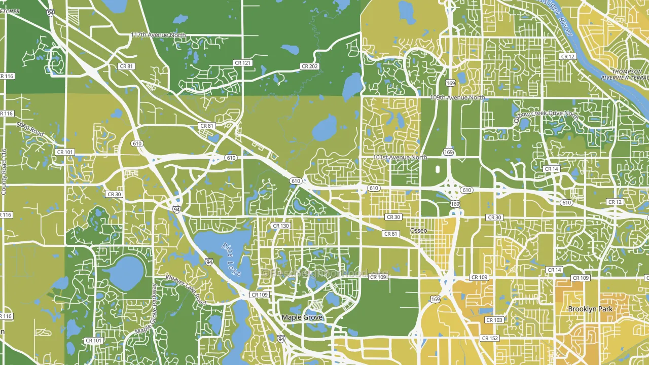 Map of the best neighborhoods in the Osseo area, with better matches in green and worse matches in red