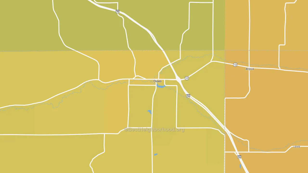 Map of the best neighborhoods in the Osseo area, with better matches in green and worse matches in red