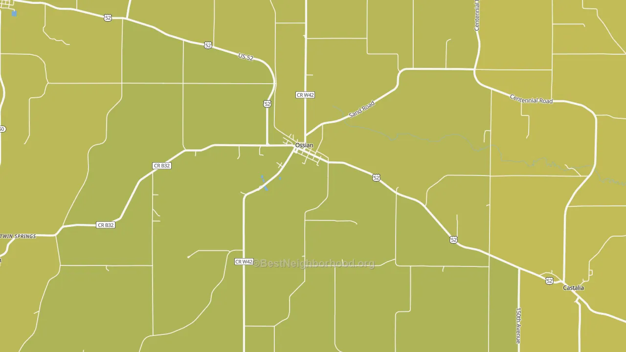 Map of the best neighborhoods in the Ossian area, with better matches in green and worse matches in red