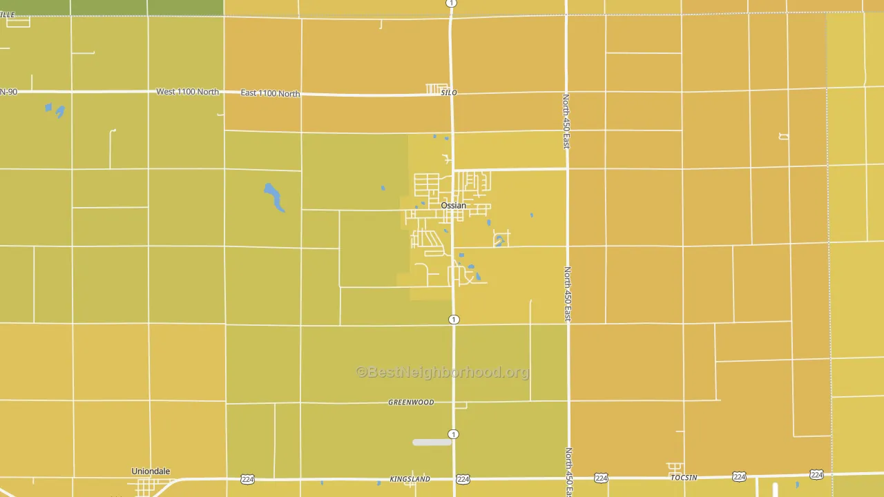 Map of the best neighborhoods in the Ossian area, with better matches in green and worse matches in red