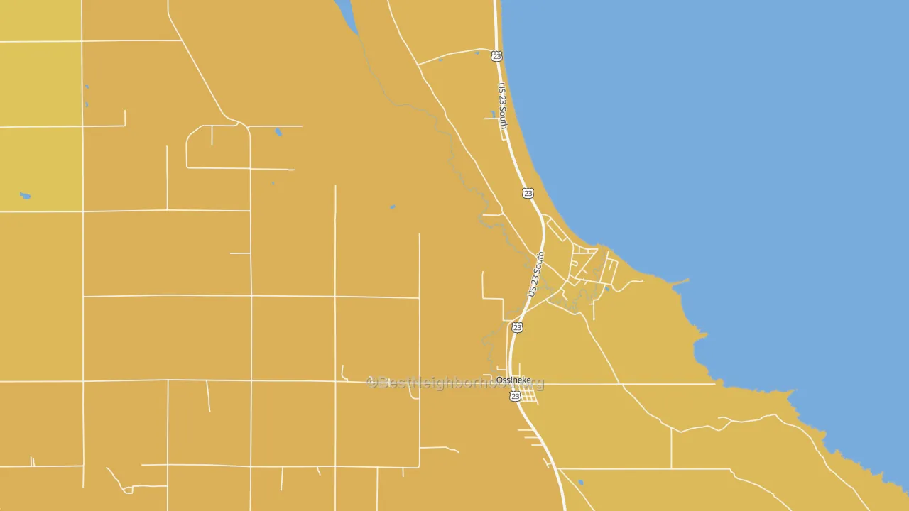 Map of the best neighborhoods in the Ossineke area, with better matches in green and worse matches in red