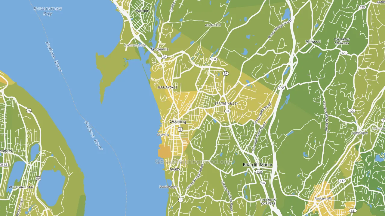 Map of the best neighborhoods in the Ossining area, with better matches in green and worse matches in red