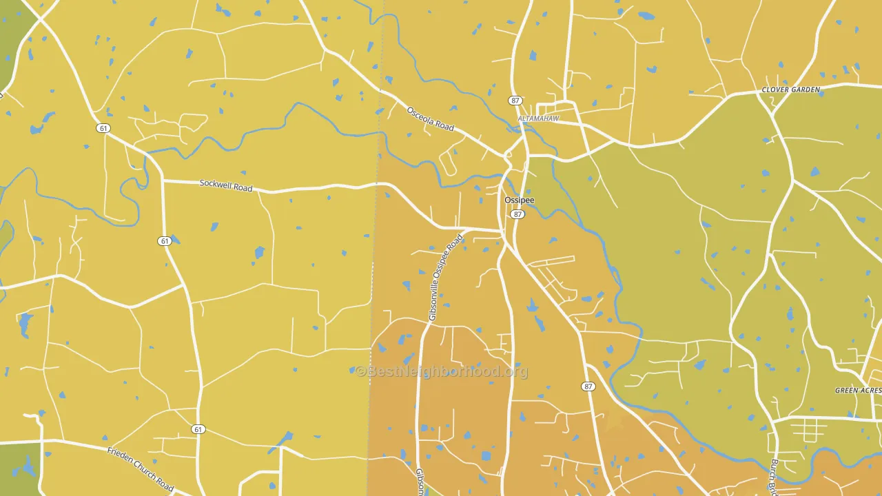 Map of the best neighborhoods in the Ossipee area, with better matches in green and worse matches in red